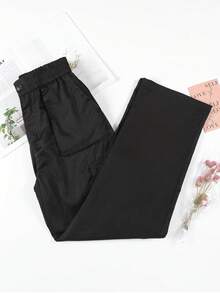 Vaqueros oscuros de mujer, estilo de cintura alta y pierna ancha con bolsillos tácticos, ideales para salidas diarias, compras, viajes y moda casual - Negro - Ver 5