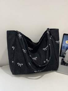 Nueva bolsa de lona lavada con lazo azul de moda coreana versátil, muy atractiva, para ir y venir, viajes, compras, vuelta al colegio, de gran capacidad, bolso de dama dulce y elegante, bols - Negro - Ver 7