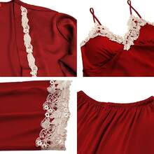 Womens Pajama Sets 5PCS Silk Women Cute Sleepwear Loungewear Satin Sets Women Soft - 酒紅色 - 查看 5