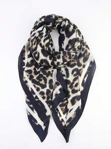 1 件 130*130 厘米豹纹围巾/披肩，女士时尚豹纹和黑色边框流苏方形围巾，奢华纹理面料，适合日常穿着 - 黑色 - 查看 2