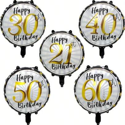 5pcs Black & Gold Foil Balloons - 18 Inches Round Digit, Suitable For 21st, 30th, 40th, 50th, 60th Birthday Celebration - Perfect For Party Decoration, Anniversary, Birthday Party