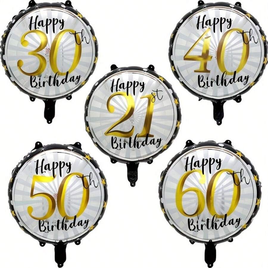 5pcs Black & Gold Foil Balloons - 18 Inches Round Digit, Suitable For 21st, 30th, 40th, 50th, 60th Birthday Celebration - Perfect For Party Decoration, Anniversary, Birthday Party - Multicolor - View 1