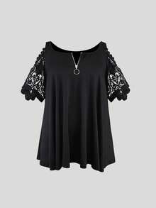 Fashionable Minimalist Versatile V-Neck Zipper Contrast Lace Hollow Out Short Sleeve T-Shirt - Black - View 4
