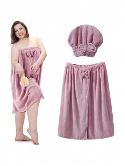 2pcs Plus Size 31.5*82.7in Bathrobe & Hair Towel Cap Set, Extra Large Soft Absorbent Quick Dry Bath Towel For Bathroom, Kitchen, Bedroom, Home, Travel, Christmas Gift Back To School