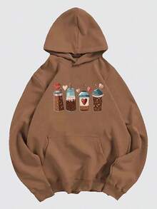 Sudadera con capucha y cordón para mujer con estampado de bebidas de café, sudadera holgada de uso diario casual de primavera y otoño - Marrón - Ver 4