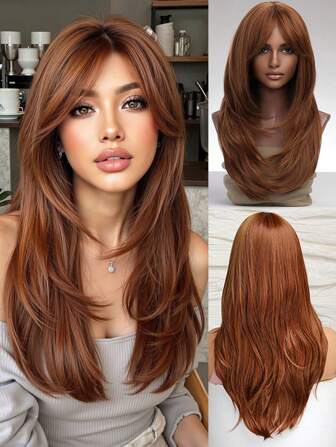 Orange fjärilsliknande lång hårperuk med lugg, lämplig för kvinnor, naturlig hårtextur, cosplayperuk, lämplig för skolstartssäsongen