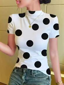 Ice Silk Knit Mock Neck Short Sleeve T-Shirt, Women Fashion Print Casual Blouse For Summer - White - View 2