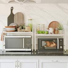 Expandable Microwave Rack, 2-Layer Microwave Oven Rack, Stand, Storage Rack, Kitchen Corner Rack, Desktop Printer Rack, Baker Rack (Black/White) - White - View 10