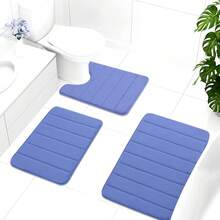 3PCS Memory Foam Bath Mat Ultra Soft Bathroom Toilet Anti Slip Rug Pedestal Set Black/Grey/Blue - Blue - View 3