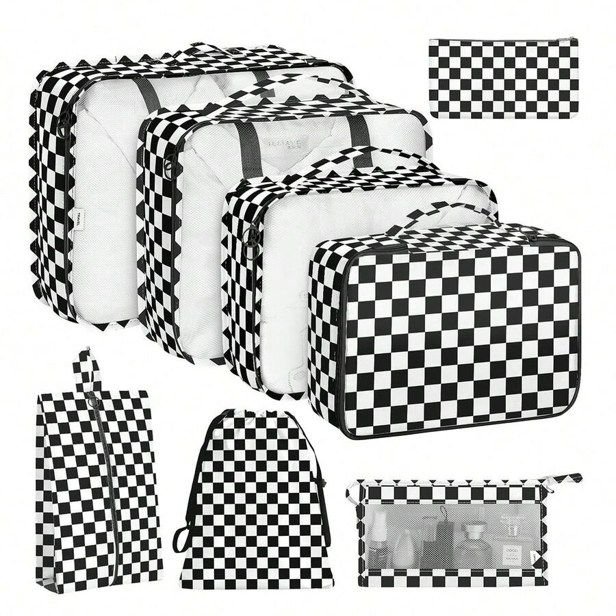 8 Set Travel Storage Bag Packing Cubes Portable Clothes Packing Cubes,Lightweight Waterproof Luggage Organizer For Clothes, Shoes, Makeup, Accessories - Black and White - View 1