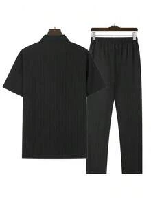 Men's Casual Striped Short Sleeved Sports Suit With Button Down Shirt Collar And Elastic Waistband Pants, Made Of Polyester Textile Elastic Fiber Blend, Summer Two-Piece Set With Belt Details - màu đen - Xem 3