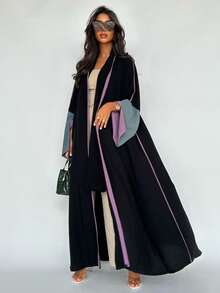 1 件时尚简约撞色袖饰女士纯色中东风格长裙优雅开衫长款阿巴亚连衣裙，适合日常和节日场合 - 紫色 - 查看 4