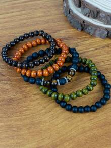 5 件套多层天然虎眼石和木珠手链，适合男士日常佩戴或作为节日礼物 - 彩色 - 查看 2