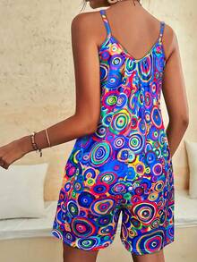 女士沙滩装鲜艳佩斯利印花吊带无袖连体衣，女士夏季阔腿连体裤（S-XXL），女士休闲无袖度假装连体衣 - 藍色 - 查看 3