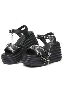 New Black Summer Slope Heel Shoes For Woman Thick Bottom Women's Punk Fashion Sandals For Women Casual Slippers Comfortable Shoes Women's Gothic Style Cross Chain Detail Platform Sandals Summer Shoes - màu đen - Xem 9