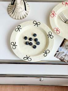 1pc Ins Style Cute Bow Ceramic Plate, Household Bow Design Tableware Ceramic Plate, Shallow Dish, Dessert & Fruit Plate, Breakfast Plate For Single Use - Multicolor - View 4