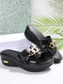 Giày sandal đế xuồng mùa hè cỡ lớn có khóa kim loại, sandal La Mã hở mũi, phụ kiện du lịch thiết yếu. - màu đen - Xem 8