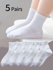 5 pares de calcetines blancos de malla para niños, calcetines delgados y transpirables hasta el tobillo, estilo escolar para estudiantes, calcetines blancos pequeños, calcetines casuales y deportivos para niños y niñas, para primavera/verano