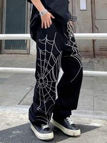 1pc Men Black Loose Wide-Leg Y2K Streetwear Hip Hop High Street Heavy Embroidered Washed Denim Jeans Pants, Suitable For Casual Outing Wear