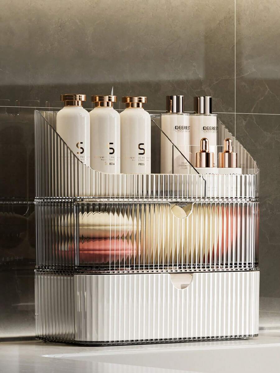 1 pieza, Caja de almacenamiento de maquillaje, Caja de almacenamiento de cosméticos transparente de material PET de lujo con múltiples compartimentos y cajones, para escritorio, baño, oficina, productos de cuidado de la piel, cosméticos y brochas de maquillaje. - Multicolor - Ver 1