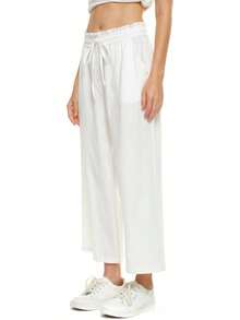 Womens Wide Leg Linen Pants High Waisted Drawstring Flowy Casual Crop Trousers With Pockets Back To School Halloween Christmas New Year - 深藍色 - 查看 8