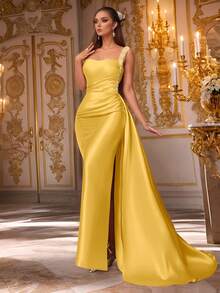 VIPGIRL 香槟粉色无袖垂褶缎面礼服，配亮片肩带和长拖尾，优雅美人鱼款女士正式礼服，舞会礼服，晚礼服，婚礼宾客礼服，奢华迷人的正式礼服 - 黃色 - 查看 4