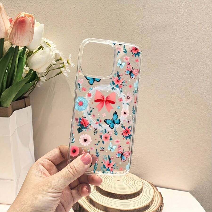 Funda de teléfono con diseño de estampado de baile de mariposa, diseño elegante, compatible con 16ProMax, 16Pro, 16Plus, 16, 15, 15ProMax, 14Pro, 14Plus, 13Pro, 12Pro, 11, a prueba de golpes, con carga inalámbrica magnética y de acrílico transparente - transparente - Ver 1