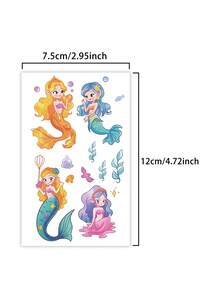 Set de 6 tatuajes temporales brillantes de sirena, tatuajes de dibujos animados a prueba de agua y sudor, desechables para niños en cara, brazo, cintura, pecho, pierna, abdomen, cuello, mano, dedo, espalda para fiestas, actuaciones, Día del Niño, arte corporal moderno. - Multicolor - Ver 5