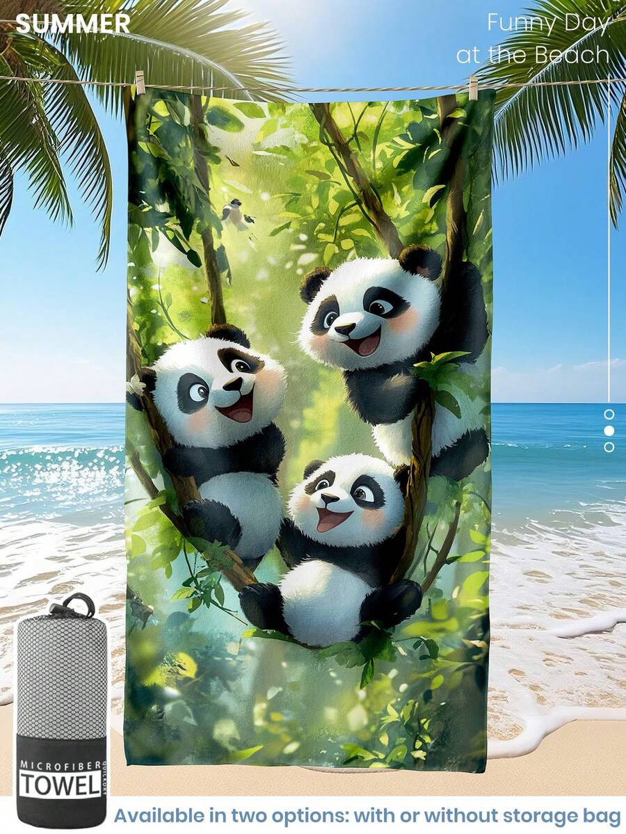 1条印花沙滩巾，可爱熊猫图案泳巾/浴巾，时尚沙滩巾，超强吸水浴巾，适用于浴室、游泳、健身、瑜伽，柔软舒适的超细纤维毛巾