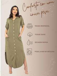 Moda Store FASHION STORE Chemise Dress Women's Long Shirt Chamise Multi-Purpose Long Shirt Short Sleeve With Buttons That Open Slit And Side Pocket ViscoLycra Mesh Evangelical Fashion Beachwear Maternity Pregnant Breastfeeding Post-Surgery - 軍綠色 - 查看 7