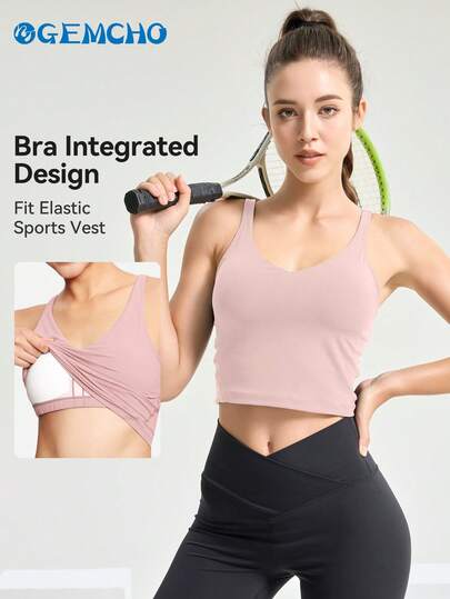 GEMCHO 无袖运动瑜伽文胸，中等加厚支撑，无钢圈，长款，春夏款