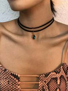 1pc Halloween Rhinestone Velvet Necklace - Green - View 1