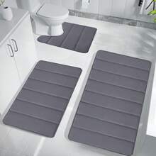 3PCS Memory Foam Bath Mat Ultra Soft Bathroom Toilet Anti Slip Rug Pedestal Set Black/Grey/Blue - Dark Grey - View 2