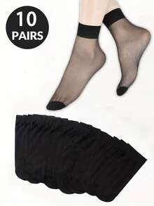 10/20/30 Pairs Women Solid Color Transparent Mid-Calf Socks, Disposable Transparent Ankle Socks, Fall - Black - View 1