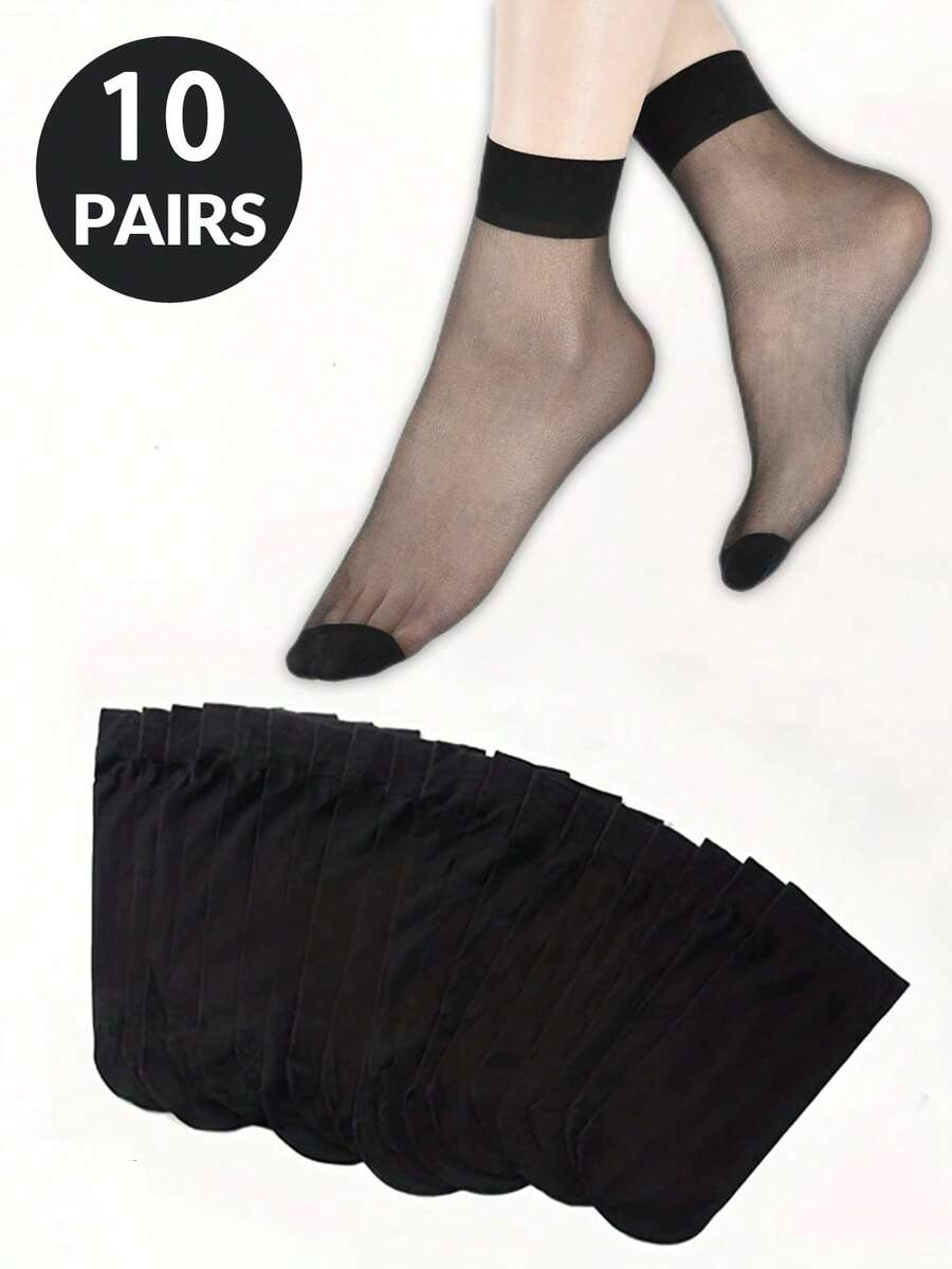 10/20/30 Pairs Women Solid Color Transparent Mid-Calf Socks, Disposable Transparent Ankle Socks, Fall - Black - View 1