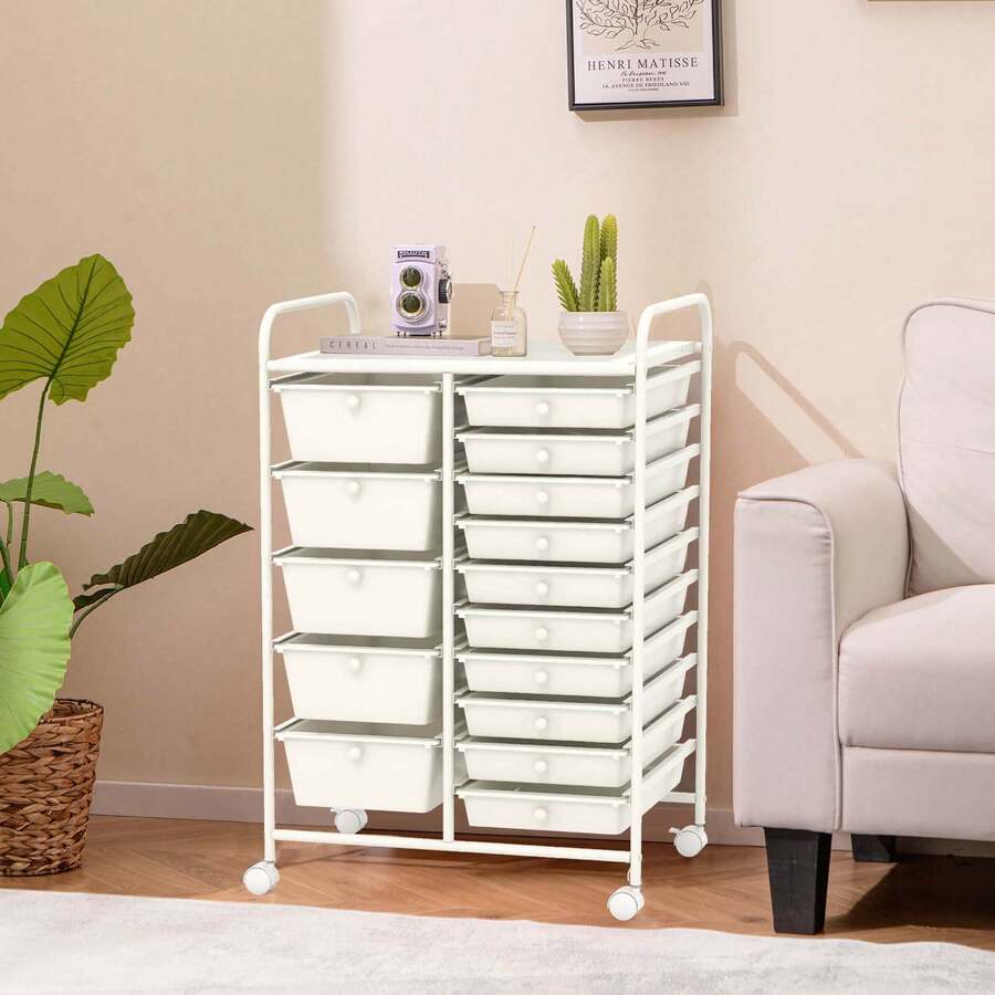 15-Drawer Rolling Storage Cart Mobile Cart With Colorful Drawers & Metal Frame - trắng - Xem 1