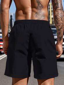 1pc Jamaican Flag Heart & Jamaica Text Men's National Pride Shorts, Elastic Waist Breathable Casual Streetwear Trunks, Suitable For Vacation & Daily Wear, Lightweight Thin Fabric - Black - View 2