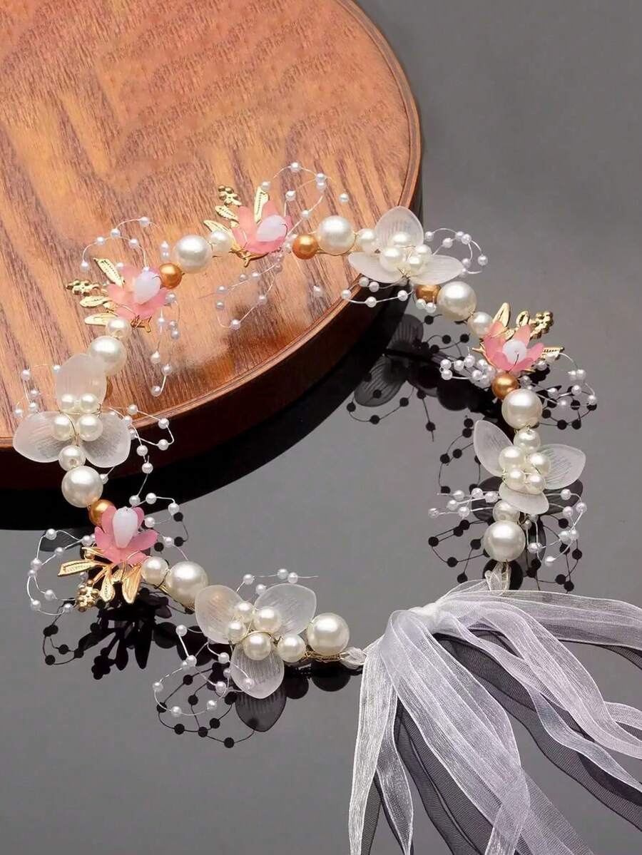 1 Pc Girls/Teens Metallic 3-Prong Leaf & Pearl Decor Hair Accessories, Fairy/Princess Headband - Pink - View 1