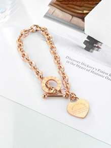 1pc Women's Stainless Steel Heart Engraved Titanium Chain Bracelet With Toggle Clasp For Daily Wear & Date Night Gifts