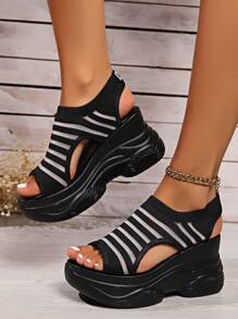 Women's Summer Contrast Color Vacation Fashion Webbing Interlaced Platform Thick Sole High Heel Sandals For Outdoor Holiday