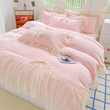 MOOWOO Chic Lace & Bow Comforter Set For Women | Ruffled Bedding Collection With Pillowcases |  Home Elegance,Pink - Hồng - Xem 7