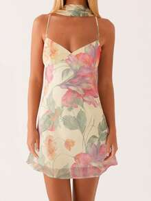 Women Mini Dress Floral Print/Solid Color Sleeveless Cami Dress Summer Backless Dress With Choker Scarf - Màu be - Xem 2