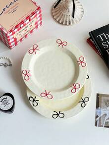 1pc Ins Style Cute Bow Ceramic Plate, Household Bow Design Tableware Ceramic Plate, Shallow Dish, Dessert & Fruit Plate, Breakfast Plate For Single Use - Multicolor - View 10