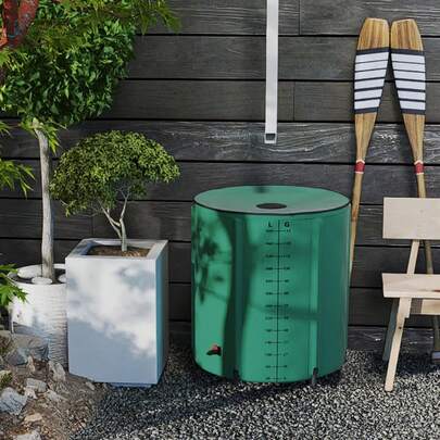VA-Cerulean 200/380/500/750L Foldable Rain Barrel With Indicator, Matte PVC Tarpaulin, Rainwater Collection Barrel With Water Inlet Grille, Water Tank For Rainwater Collection, Ice Bath Barrel, IBC Tank Accessory For Garden – Green/Gray