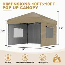10 X 10 Heavy Duty Pop Up Canopy Tent, Pop-Up Canopy Tent Commercial Instant Canopies, Outdoor ShadeCanopy With 3 Sidewalls - 卡其色 - 查看 2