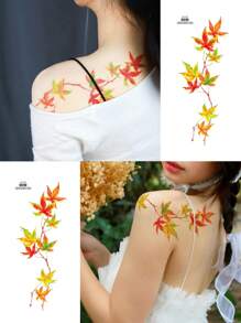 6pcs Red & Yellow Maple Leaf Temporary Waterproof Tattoo Sticker, Fashion Body Art Arm Sleeve Fake Tattoo For Men Women Party Festival Body Makeup