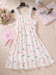 Floral Print Textured Pajama Set, Women Sweet Bow Decor Square Neck Ruffle Trim Camisole Dress - Baby Pink - View 2