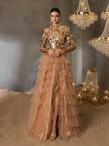 Faeriesty Váy cưới thanh lịch dành cho nữ với cổ cao, tay dài, xẻ tà cao & chân váy chữ A nhiều lớp, thân áo đính sequin, thiết kế vải tuyn sang trọng - Hoàn hảo cho đám cưới lớn, dạ hội sang trọng, vũ hội cà vạt đen, lễ trao giải trang trọng, tiệc tối chiêu đãi xa hoa - Rượu sâm banh - Xem 3