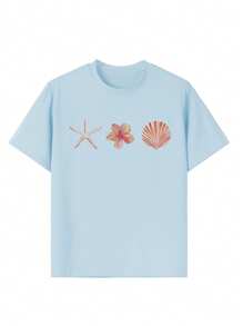 1pc Girls Casual Shell Graphic Print Round Neck Short Sleeve T-Shirt, Summer Student Youth Clothing - Shell Art Style T-Shirt Inspires Imagination And Self-Expression