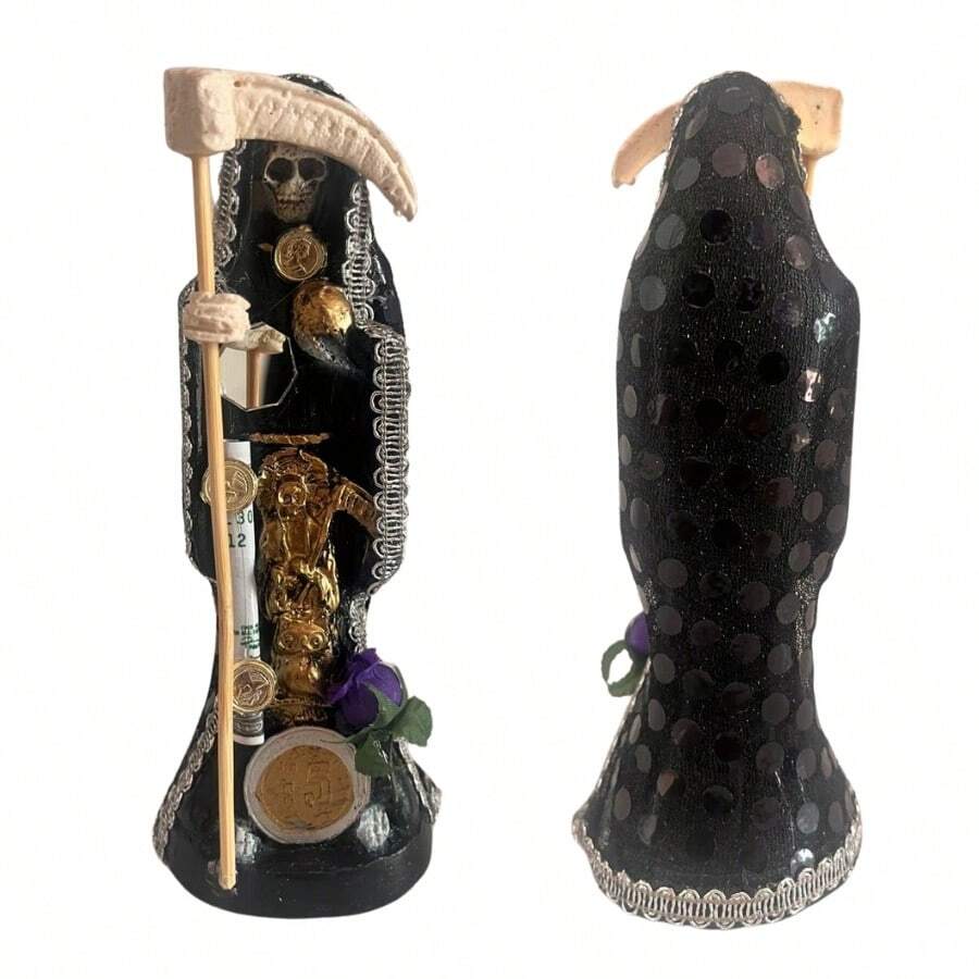 Santa Muerte negra 15 cm vestida biblia Santa Muerte protección justicia y rompimiento de energías negativas estatua espiritual colección protección esotérica libro espiritualidad altar - Negro - Ver 1